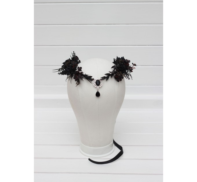 Gothic Black Flower Crown - Witch Tiara with Ribbon and Black Gem