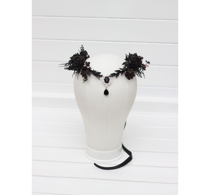 Gothic Black Flower Crown - Witch Tiara with Ribbon and Black Gem