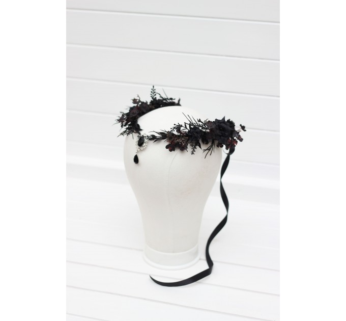 Gothic Black Flower Crown - Witch Tiara with Ribbon and Black Gem