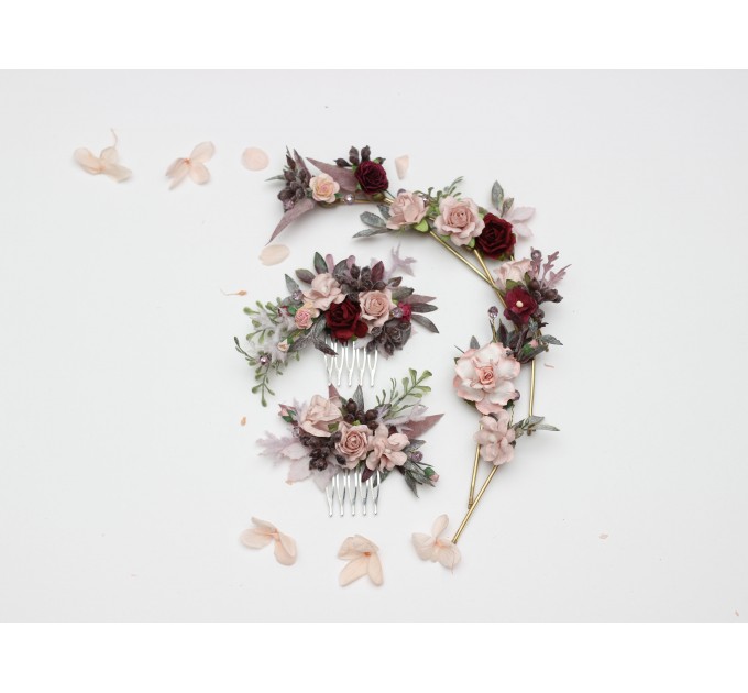 Blush Pink & Burgundy Wedding Accessories – Hair Combs  with Crystals and Berries