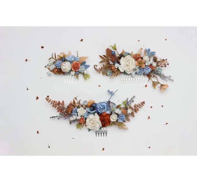 Elegant Wedding Flower Combs in Terracotta, Dusty Blue, and White