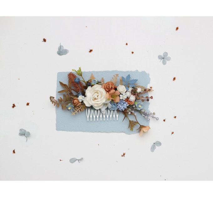 Elegant Wedding Flower Combs in Terracotta, Dusty Blue, and White