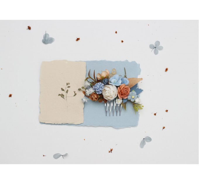 Elegant Wedding Flower Combs in Terracotta, Dusty Blue, and White