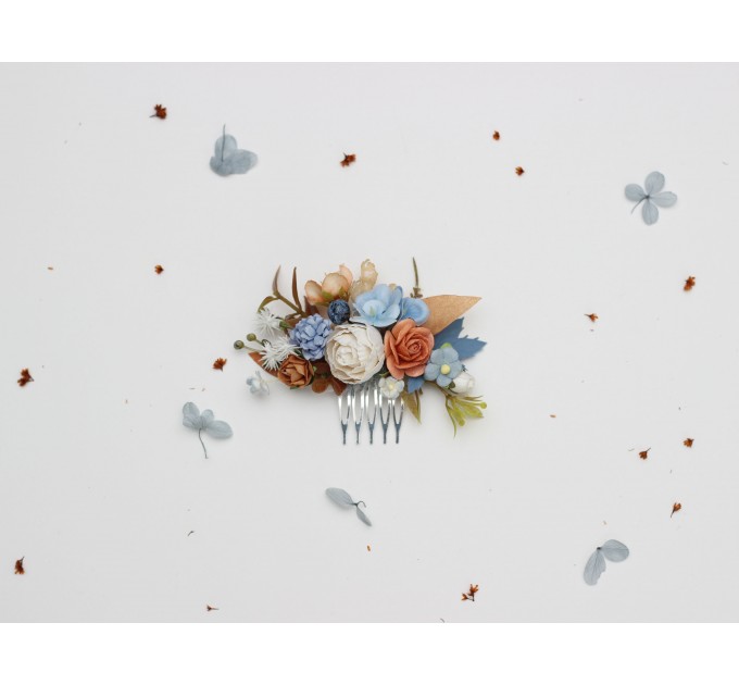 Elegant Wedding Flower Combs in Terracotta, Dusty Blue, and White