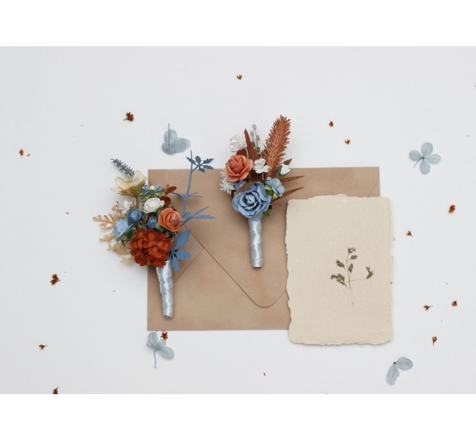 Buttonholes in Terracotta, Dusty Blue, and White