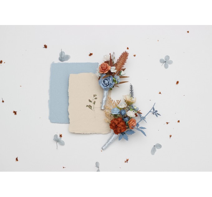 Buttonholes in Terracotta, Dusty Blue, and White