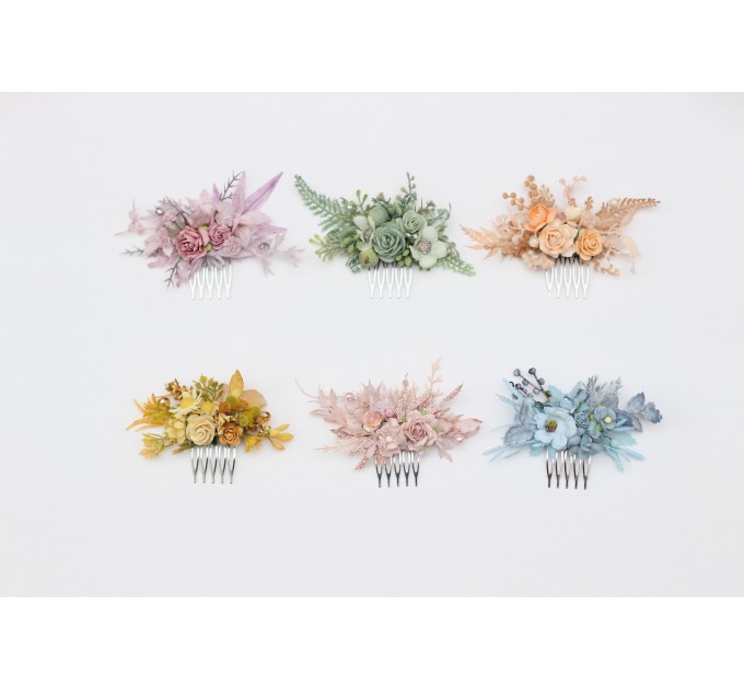 Set of Single-Color Floral Hair Combs – Dusty Blue, Sage Green, Peach, Yellow, Blush Pink & Mauve – Bridesmaid Hair Accessories