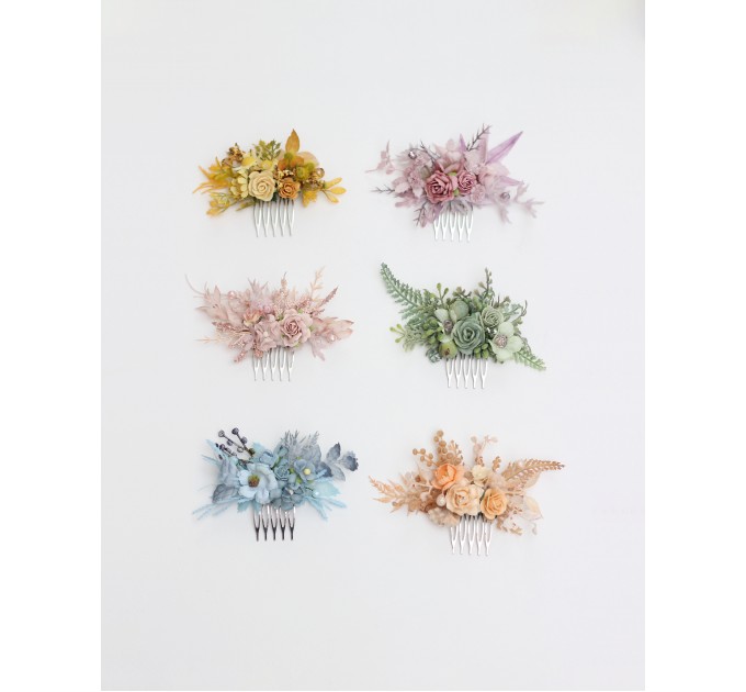 Set of Single-Color Floral Hair Combs – Dusty Blue, Sage Green, Peach, Yellow, Blush Pink & Mauve – Bridesmaid Hair Accessories