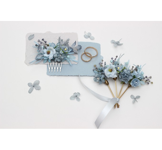 Dusty Blue Flower Comb and Hair Pins Set – Elegant Wedding Hair Accessories