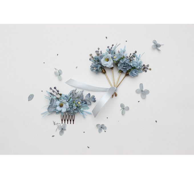 Dusty Blue Flower Comb and Hair Pins Set – Elegant Wedding Hair Accessories