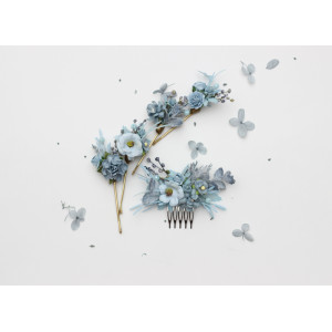 Dusty blue hair comb & floral pins set for weddings. 5360