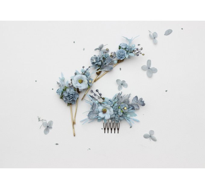 Dusty Blue Flower Comb and Hair Pins Set – Elegant Wedding Hair Accessories