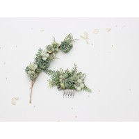 Set of single-color hair comb and hair pins. Sage green flower comb. Floral hair pins. Hair wedding accessories. Flower accessories for colorful bridesmade dresses. Bridesmaid gift