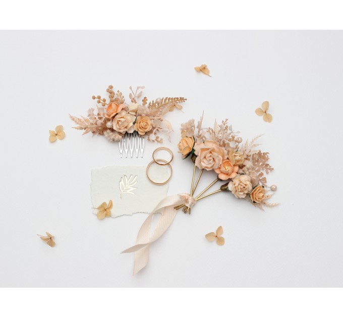 Pale Peach Hair Comb and Floral Pins Set – Perfect for Colorful Bridesmaid Dresses