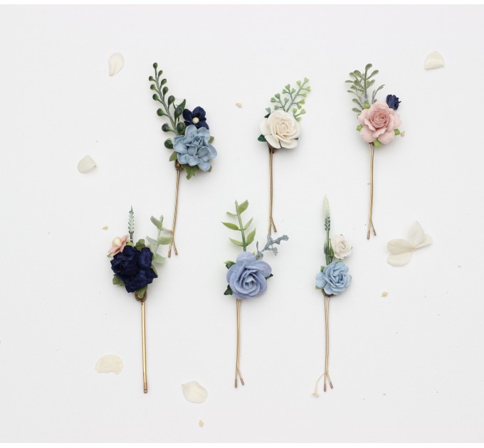 Set of White, Dusty Blue, Navy Blue, and Blush Pink Hair Pins – Elegant Wedding Accessories