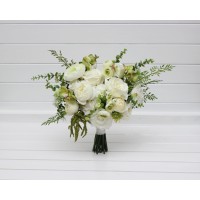 Bouquets in white and olive green color theme. Bridal bouquet. Faux bouquet. Bridesmaid bouquet. 5362