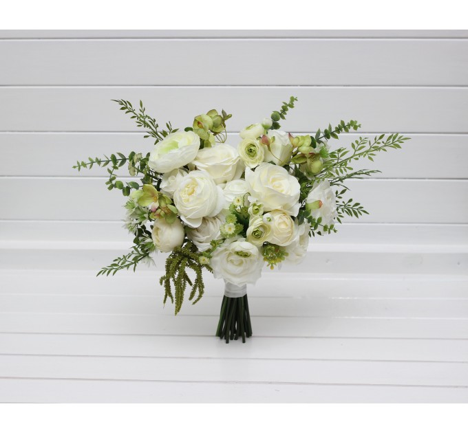 Beautiful White and Olive Green Bouquets – Bridal and Bridesmaid Faux Flowers