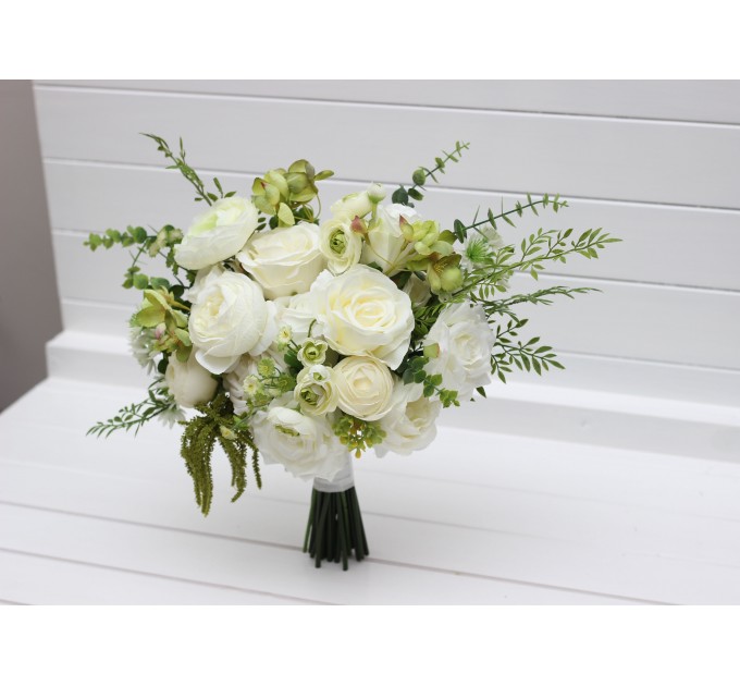 Beautiful White and Olive Green Bouquets – Bridal and Bridesmaid Faux Flowers