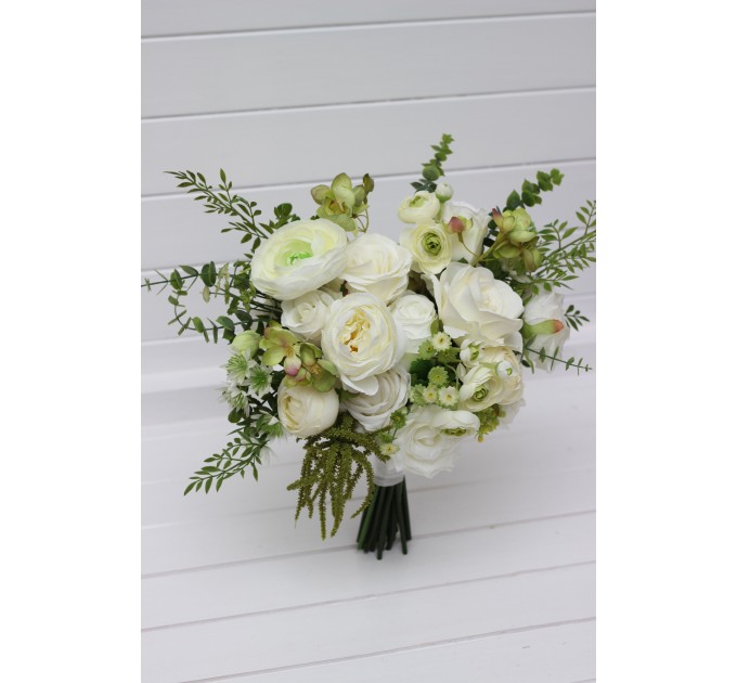 Beautiful White and Olive Green Bouquets – Bridal and Bridesmaid Faux Flowers