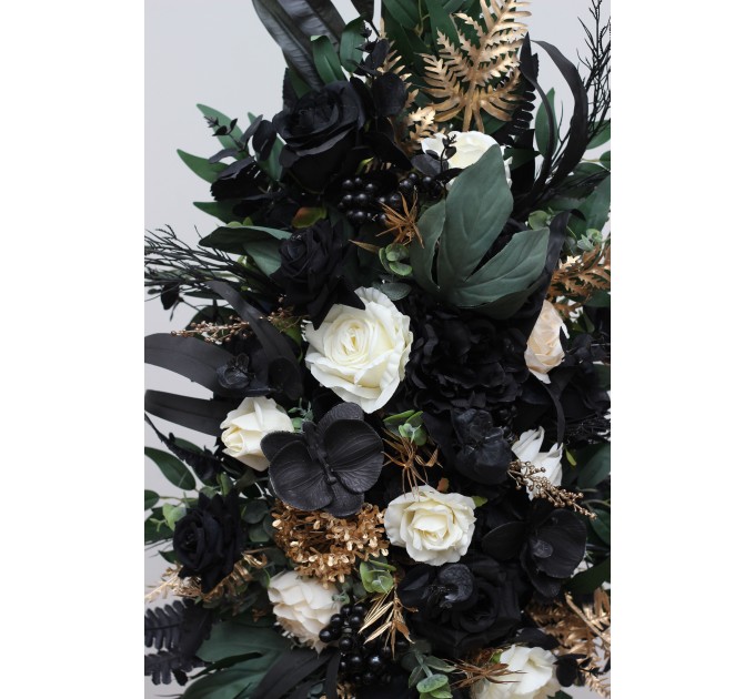  Flower arch arrangement in hunter green ivory black gold colors.  Arbor flowers. Floral archway. Faux flowers for wedding arch. 5300