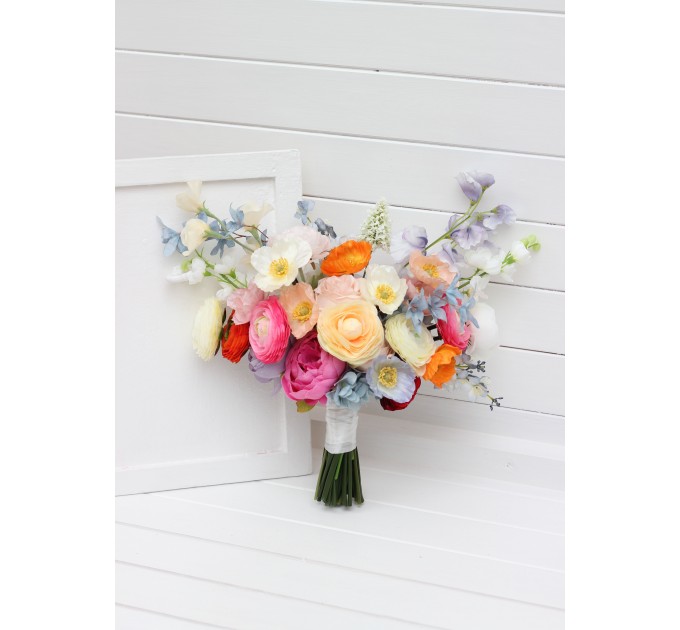 Colorful Bridal Bouquet – Orange, Peach, Dusty Blue, Ivory, and Pink Faux Flowers