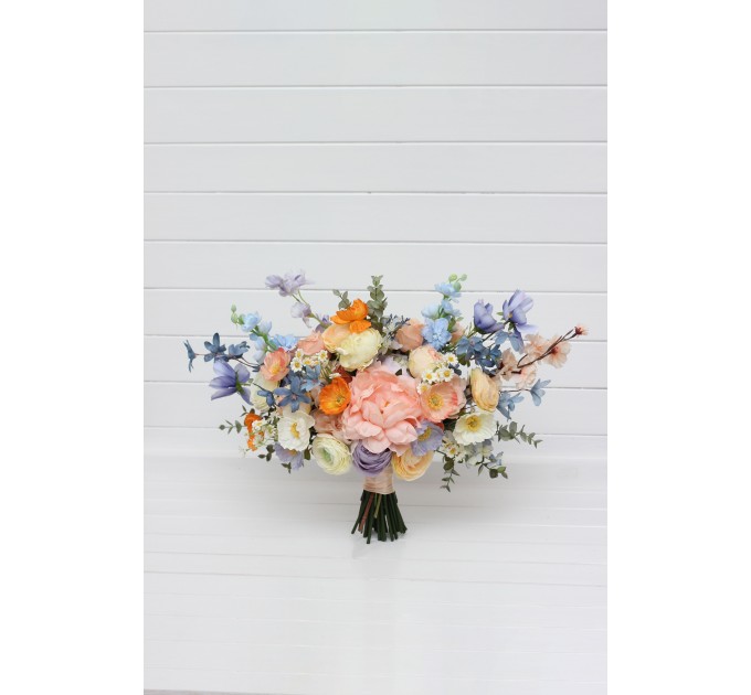 Colorful Faux Bridal Bouquet – Peach, Dusty Blue, Ivory & Orange Bridesmaid Bouquet