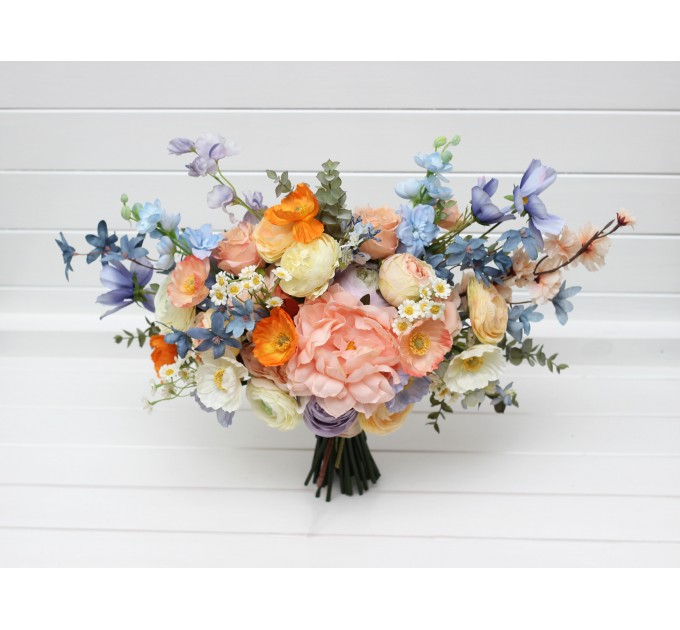 Colorful Faux Bridal Bouquet – Peach, Dusty Blue, Ivory & Orange Bridesmaid Bouquet