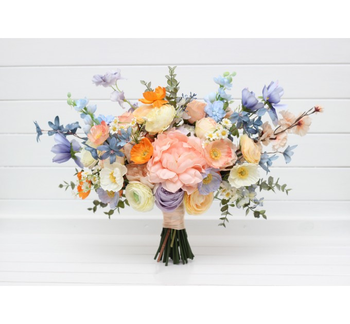 Colorful Faux Bridal Bouquet – Peach, Dusty Blue, Ivory & Orange Bridesmaid Bouquet