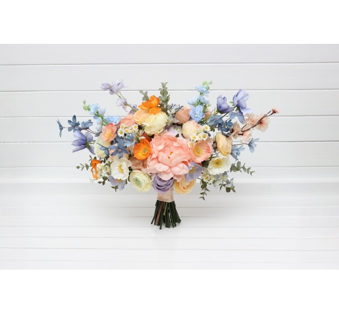 Colorful Faux Bridal Bouquet – Peach, Dusty Blue, Ivory & Orange Bridesmaid Bouquet