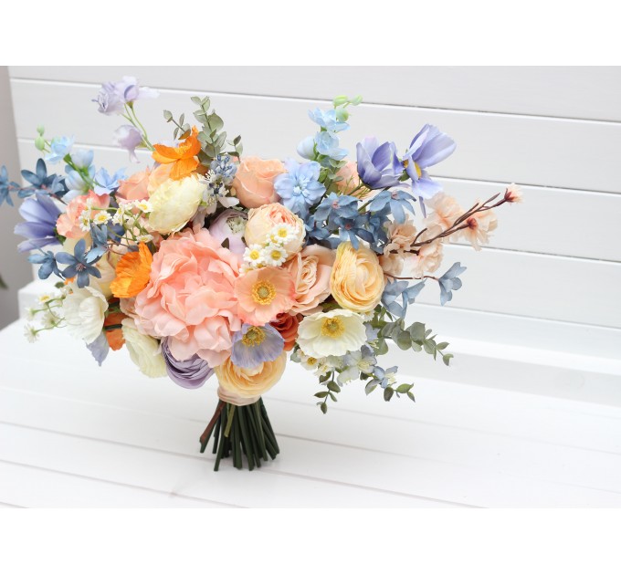 Colorful Faux Bridal Bouquet – Peach, Dusty Blue, Ivory & Orange Bridesmaid Bouquet