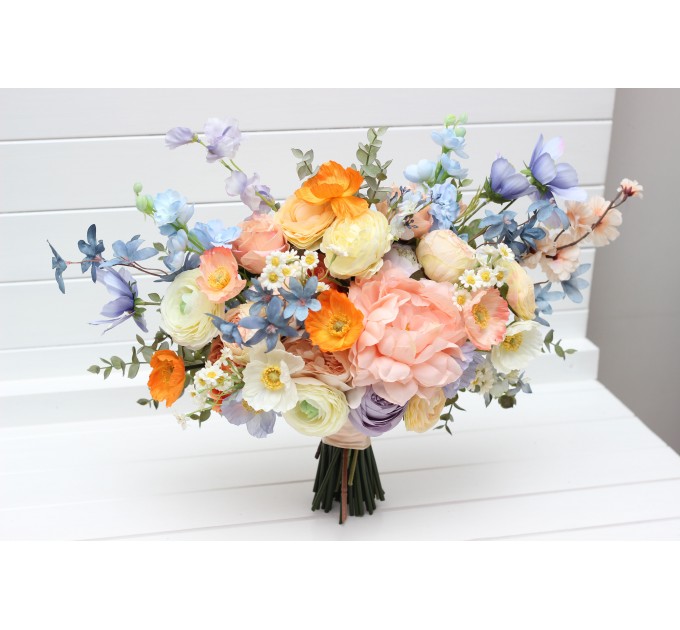 Colorful Faux Bridal Bouquet – Peach, Dusty Blue, Ivory & Orange Bridesmaid Bouquet