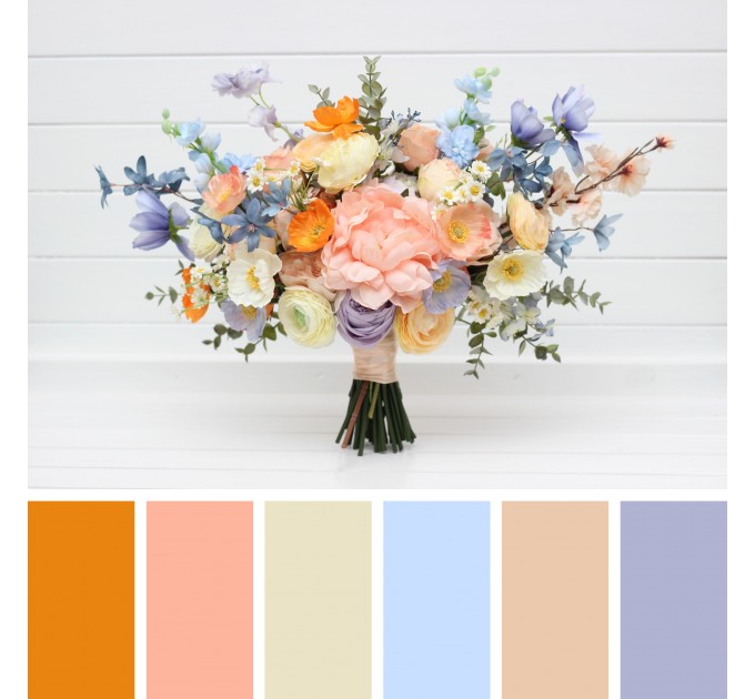 Colorful Faux Bridal Bouquet – Peach, Dusty Blue, Ivory & Orange Bridesmaid Bouquet