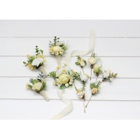  Wedding boutonnieres and wrist corsage  in white yellow green color scheme. Flower accessories. 5284