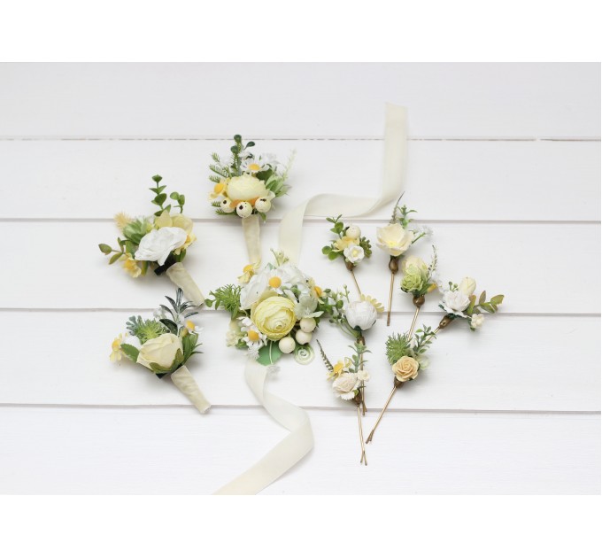 Spring-Summer Wedding Boutonnieres and Corsages in White, Yellow, and Green