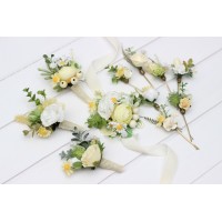  Wedding boutonnieres and wrist corsage  in white yellow green color scheme. Flower accessories. 5284