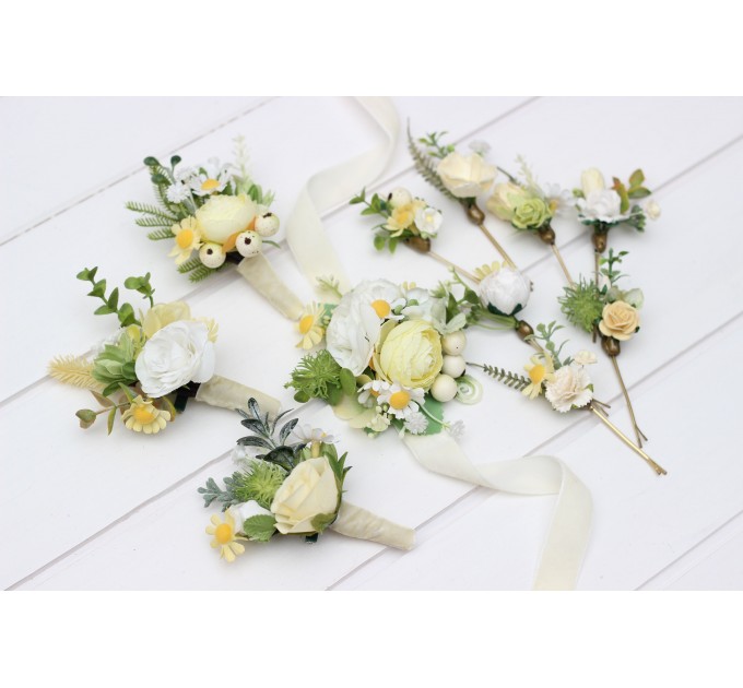 Spring-Summer Wedding Boutonnieres and Corsages in White, Yellow, and Green