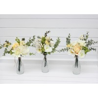 Simple wedding table flowers. Mini bouquets for vases in white yellow green color scheme. Flowers for wedding decor. Table faux flowers. Centerpiece. 5284