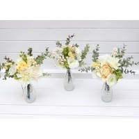 Simple wedding table flowers. Mini bouquets for vases in white yellow green color scheme. Flowers for wedding decor. Table faux flowers. Centerpiece. 5284