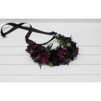 Black purple magenta flower crown. Hair wreath. Wedding flowers. Halloween Gothic wedding.5370