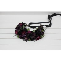 Black purple magenta flower crown. Hair wreath. Wedding flowers. Halloween Gothic wedding.5370