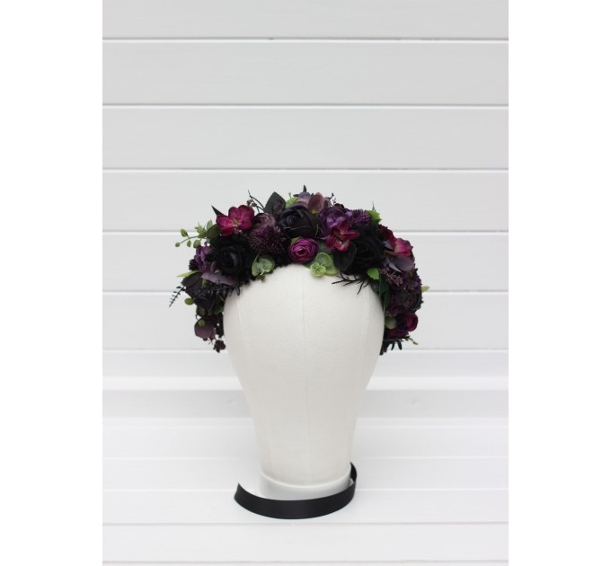 Black, Purple, and Magenta Flower Crown – Gothic Halloween Wedding Hair Wreath