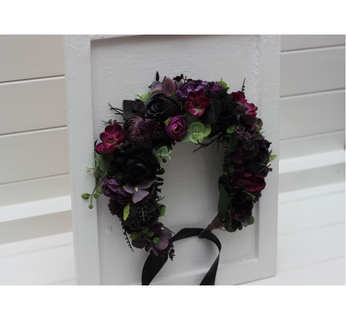 Black, Purple, and Magenta Flower Crown – Gothic Halloween Wedding Hair Wreath