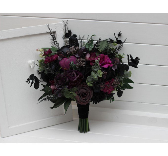 Black, Purple, and Magenta Bridal Bouquet – Gothic Halloween Wedding Flowers