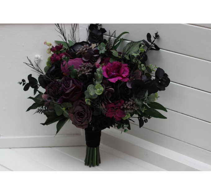 Black, Purple, and Magenta Bridal Bouquet – Gothic Halloween Wedding Flowers