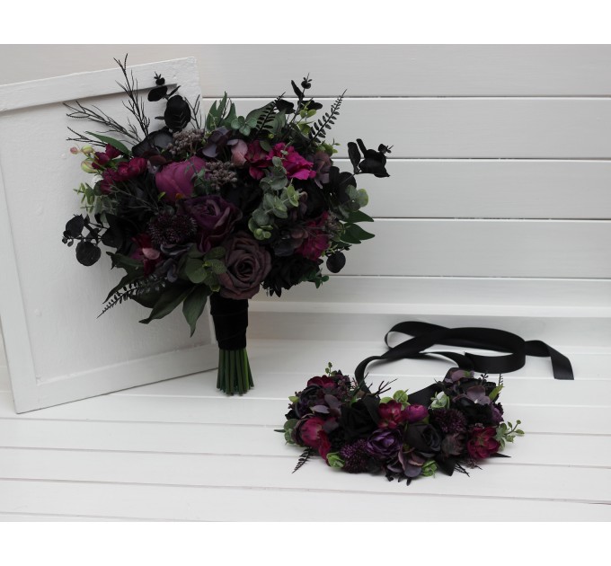 Black, Purple, and Magenta Flower Crown – Gothic Halloween Wedding Hair Wreath