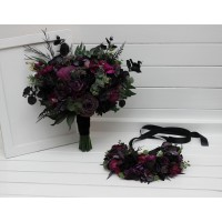  Black purple magenta bridal bouquet for Halloween wedding. Faux flowers.Gothic wedding. Wedding bouquet. Bridesmaid bouquet. 5370