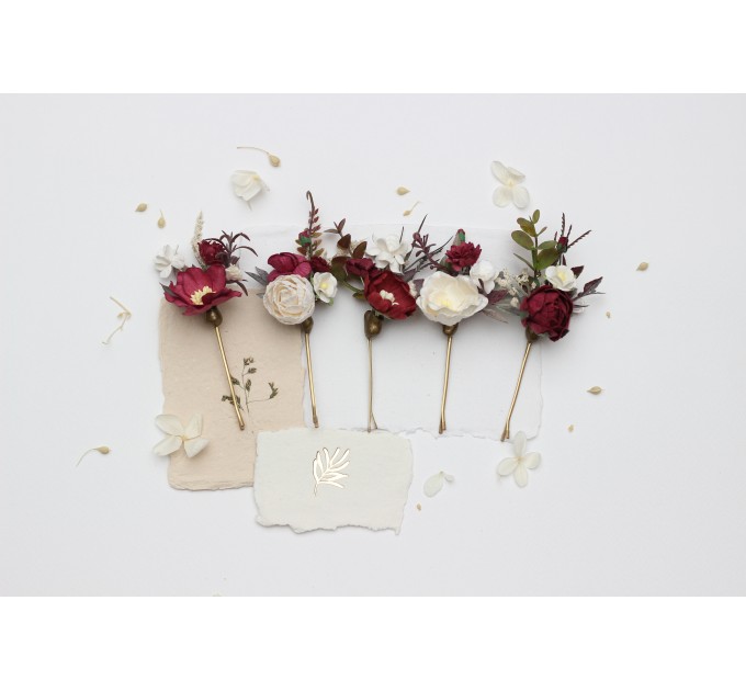 Set of 5 Burgundy Ivory White Floral Bobby Pins – Bridal Hair Accessories