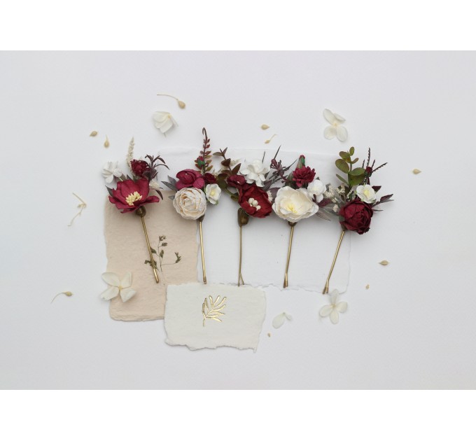 Set of 5 Burgundy Ivory White Floral Bobby Pins – Bridal Hair Accessories