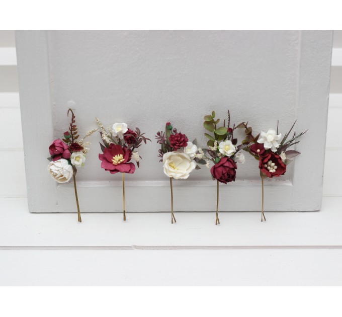 Set of 5 Burgundy Ivory White Floral Bobby Pins – Bridal Hair Accessories