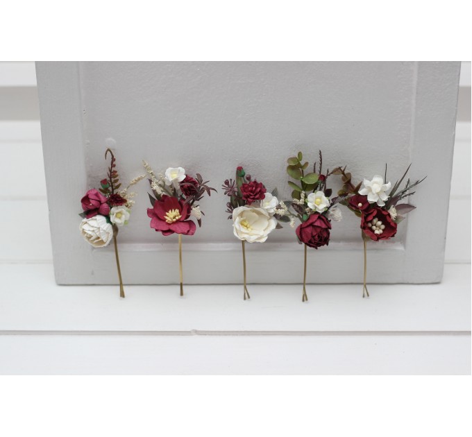 Set of 5 Burgundy Ivory White Floral Bobby Pins – Bridal Hair Accessories